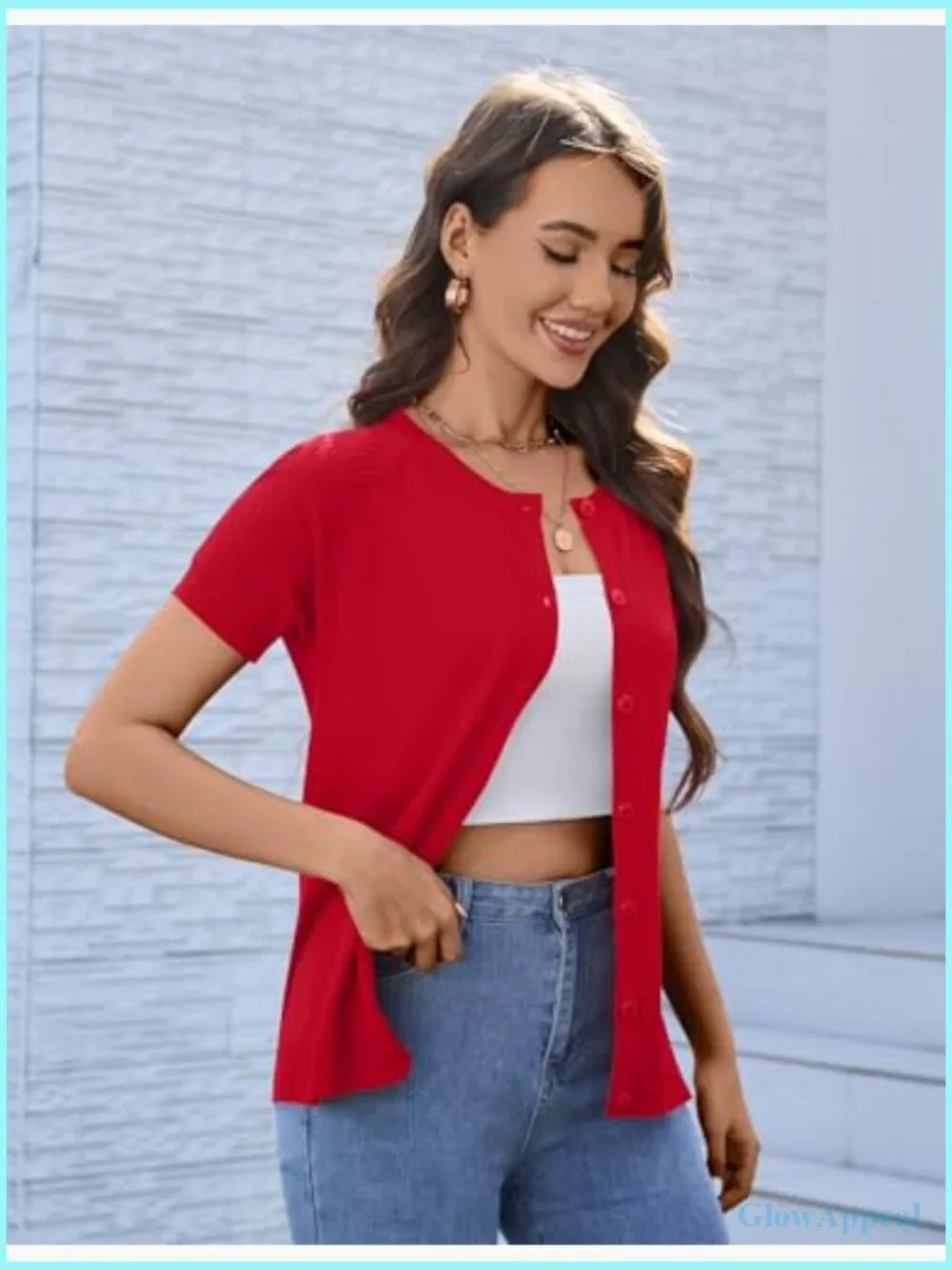Lightweight Cropped Cardigan Shrug, Hollowed Out Short Sleeve, Button Front